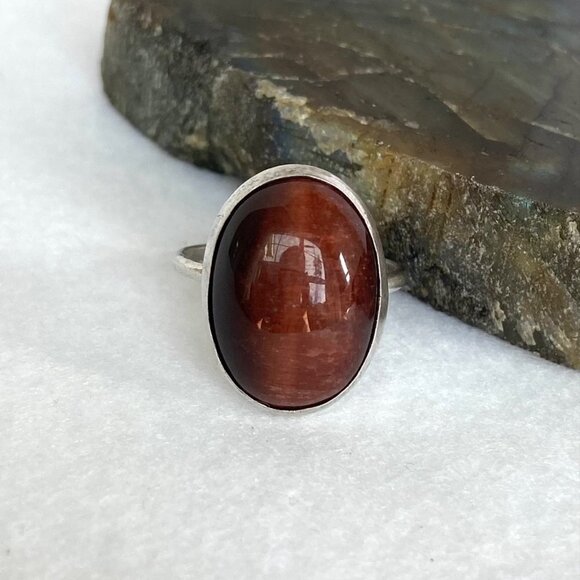 Sterling Silver 925 Oval Bezel Set 0.75" Tigers Eye Cats Eye Quartz Ring Sz 6.5 - Picture 5 of 16